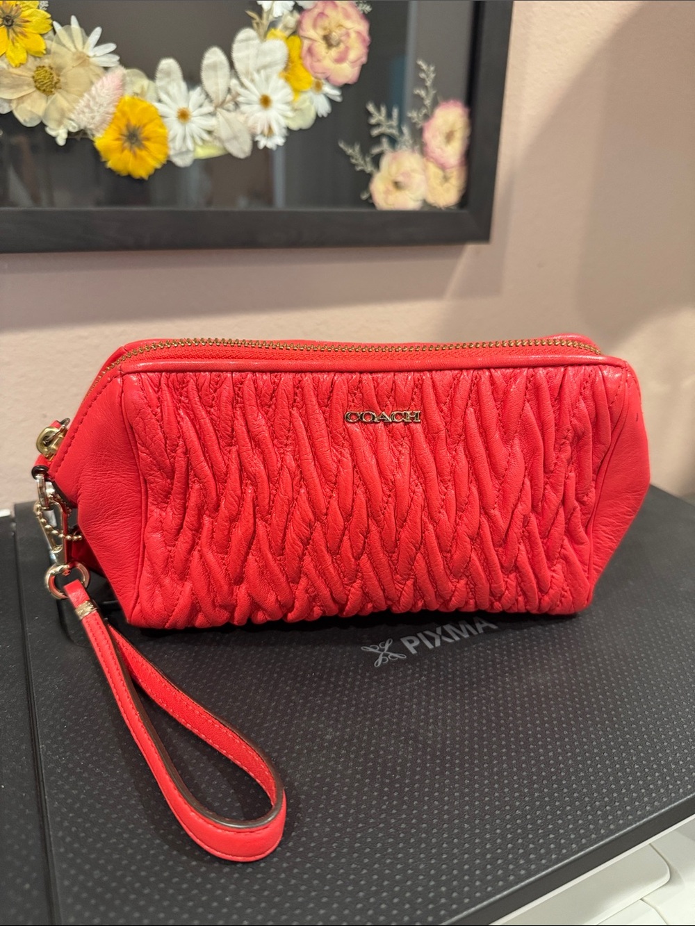COACH Red Quilted Leather Wristlet Clutch